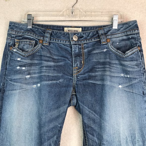 MEK Prague Boot Cut Jeans Womens 31x34 Medium Wash Denim Mid Rise Distressed - Picture 3 of 15